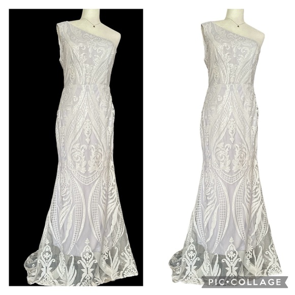 Unbranded Dresses & Skirts - Wedding Gown One Shoulder Mermaid Cut Sequins Lace Size 10 Wedding Gown